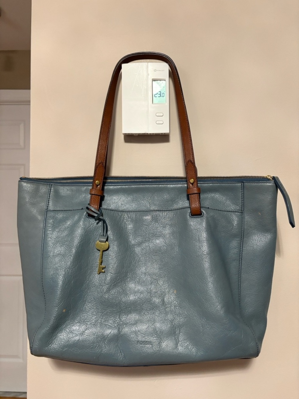 Fossil Blue Leather Tote with Brown Handles
